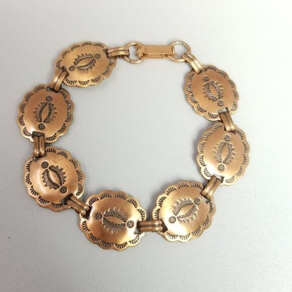 Vintage Copper Medallion Link Panel Bracelet, Hammered Stamp Design, 7 Inches - Picture 7 of 8